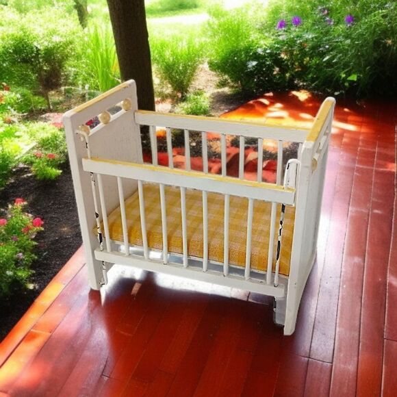 Concord Miniatures Baby Crib Yellow White Vintage 70s Wood Cottage Farmhouse - Picture 13 of 16